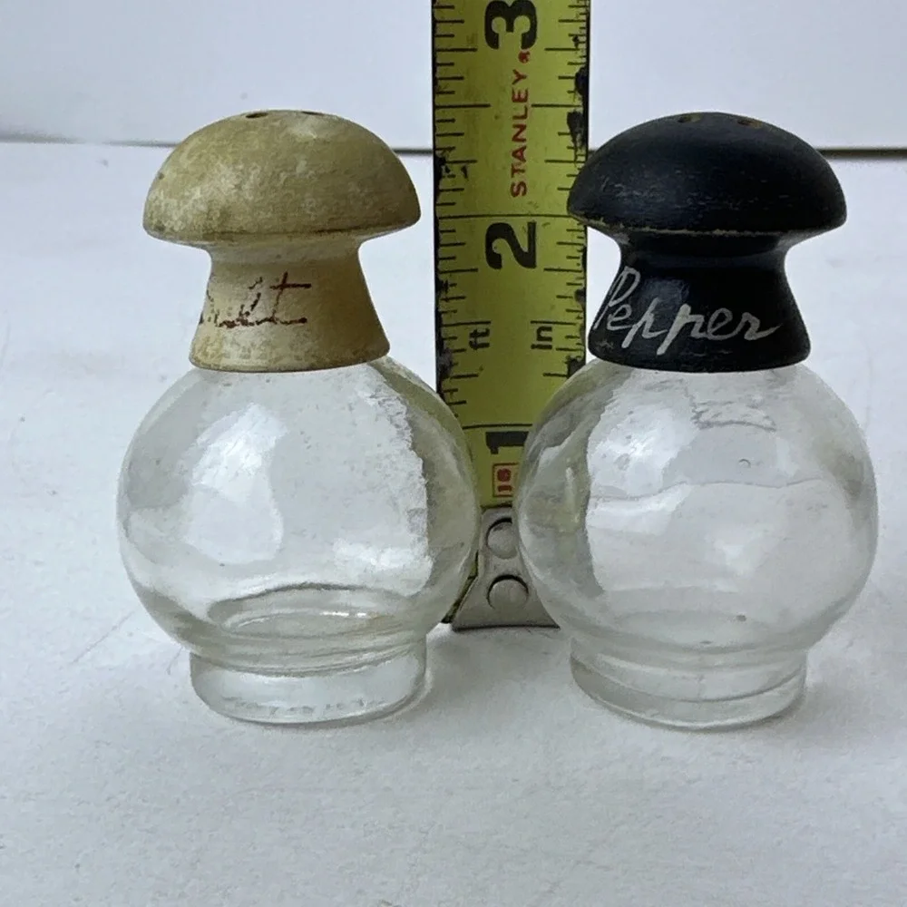 Vintage Salt Pepper Shakers Japan Clear Glass Globes Wood Tops As Is